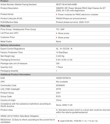 Délai de paiement T/T 6ES71384CA600AB0 Module d'alimentation PM-E caractéristique élevée pour ET 200S 24 V CC