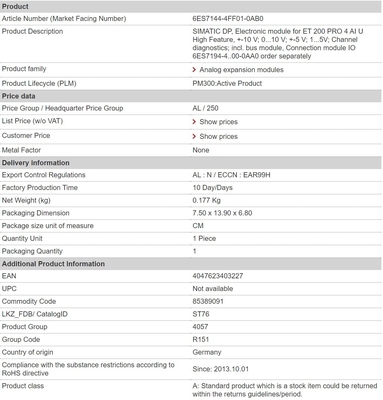 100% d'origine 6ES7144-4FF01-0AB0 ET 200 PRO 4 AI U Diagnostique par canal haut de gamme