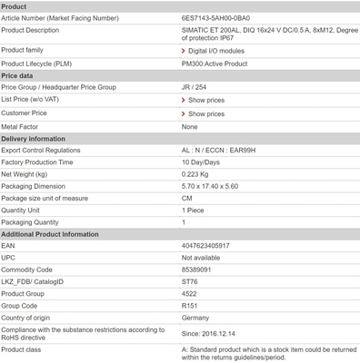 6ES7143-5AH00-0BA0 DIQ 16x24 V DC/0,5 A IP67 Siemens ET 200AL Module de connexion avec 1