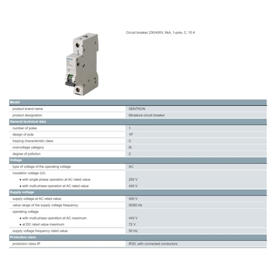 Siemens 5SN6110-7CN 230/400V 6kA disjoncteur à un pôle C 10 A Poids net kg 0,261 Kg