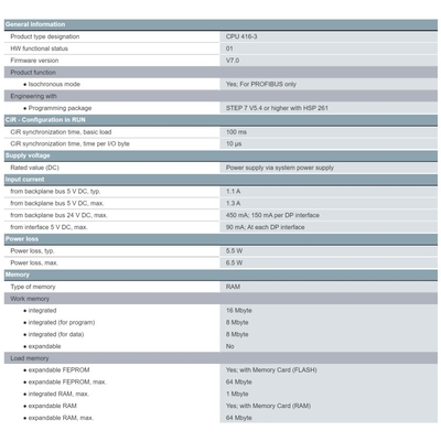 6ES7416-3XS07-0AB0 SIMATIC S7-400 CPU 416-3 avec 16 Mo de mémoire de travail et 3 interfaces