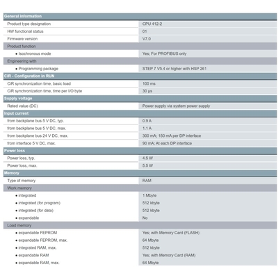 6ES7412-2XK07-0AB0 Emballage original SIMATIC S7-400 CPU 412-2 avec mémoire de travail de 1 Mo